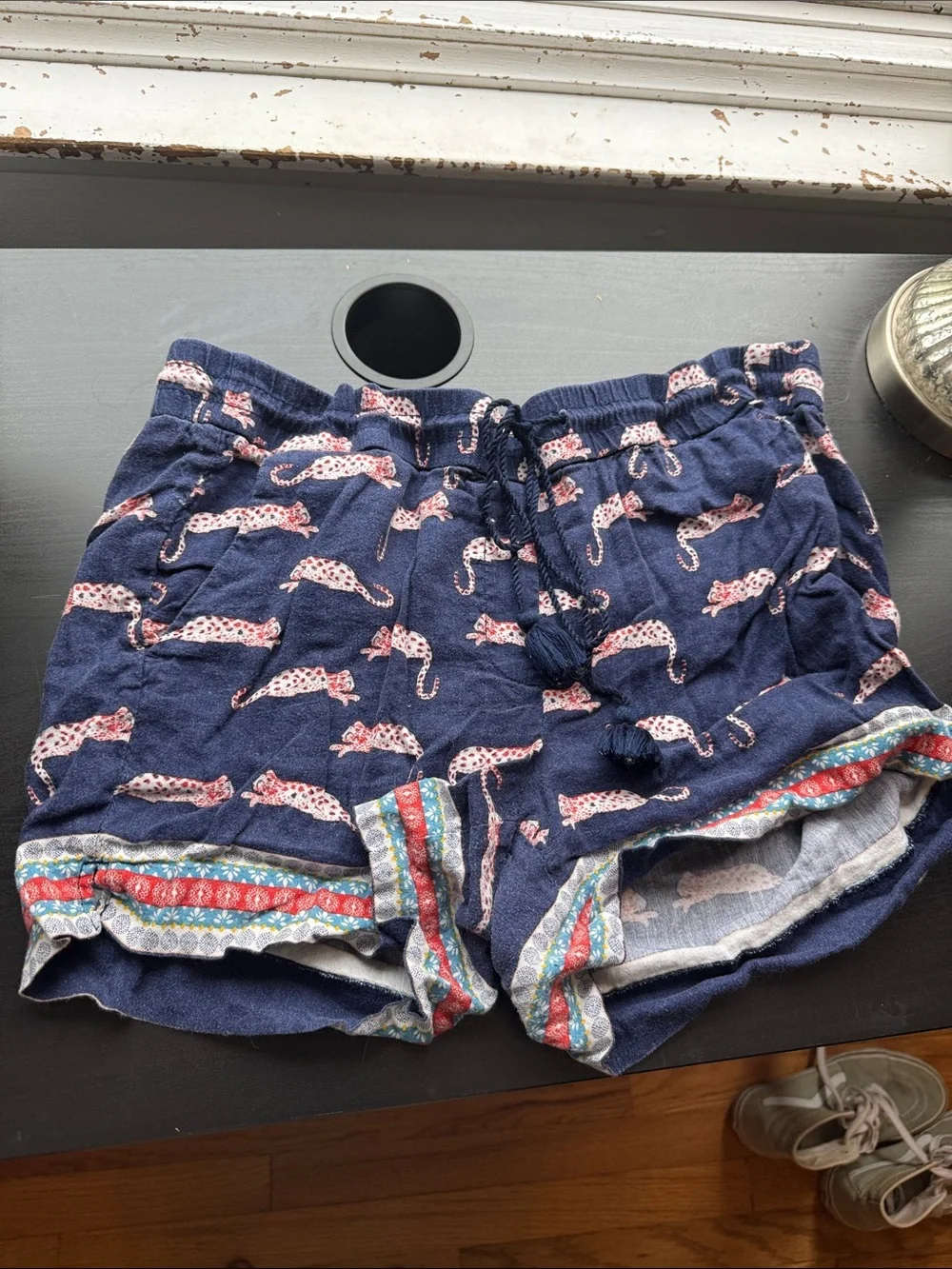 LOFT Navy Pull-On Shorts with Pink Leopard Print and Tassel Drawstring